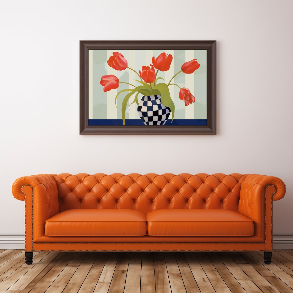 Red Tulips In Checkered Vase Striped Background Floral Wall Art - Image 4