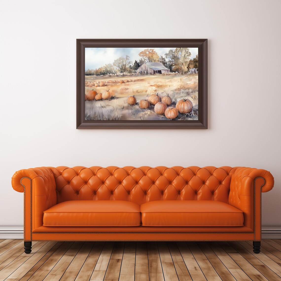Pumpkin Patch Fall Farm Painting Watercolor Barn Autumn Harvest Wall Art - Image 2