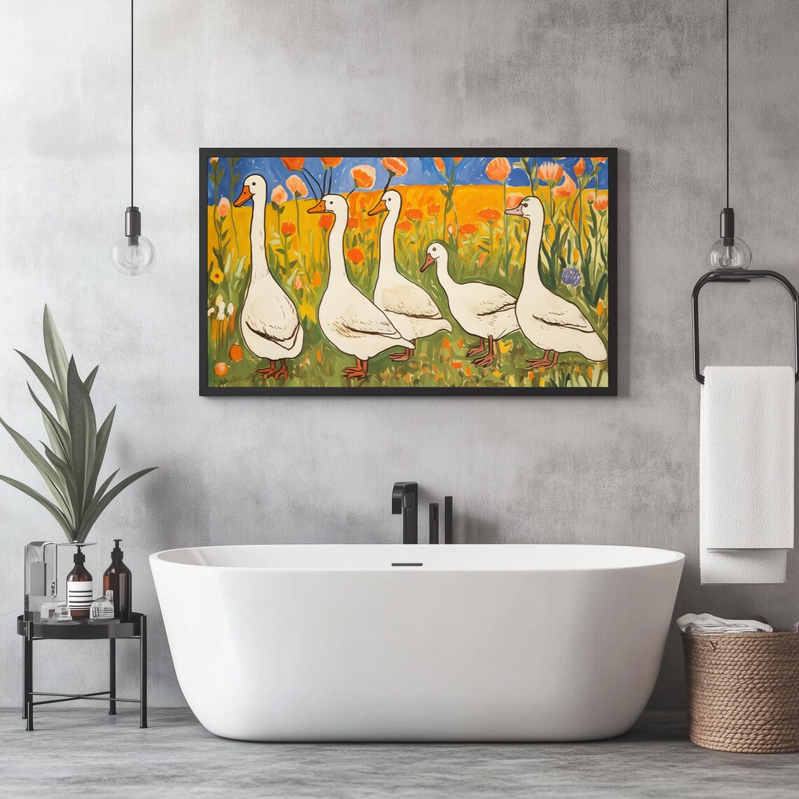 White Geese In Flower Meadow Folk Art Whimsical Farm Animal Poster - Image 4