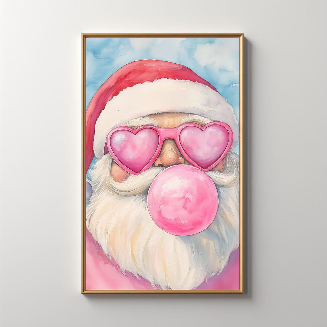 Pink Santa With Heart Sunglasses Blowing Bubblegum Christmas Poster