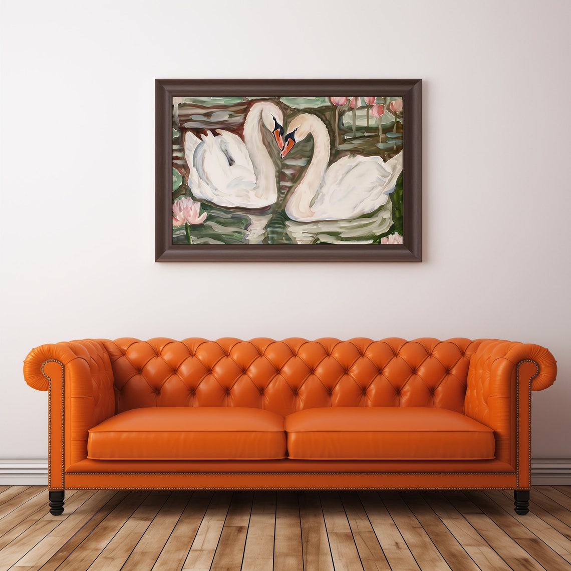 Two White Swans Heart Shape Water Lilies Romantic Lake Painting Poster - Image 4