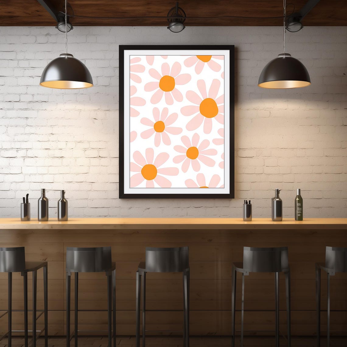 Retro Groovy Pink Daisy Pattern Boho Floral Minimal Wall Art Poster - Image 4