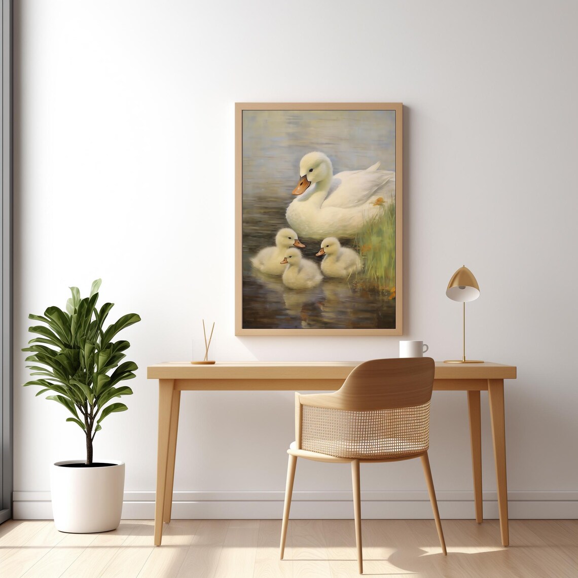 Mother Duck With Ducklings On Water Vintage Nursery Animal Art Poster