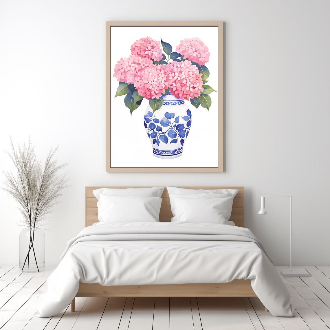Pink Hydrangeas Blue White Chinoiserie Vase Watercolor Floral Poster - Image 3