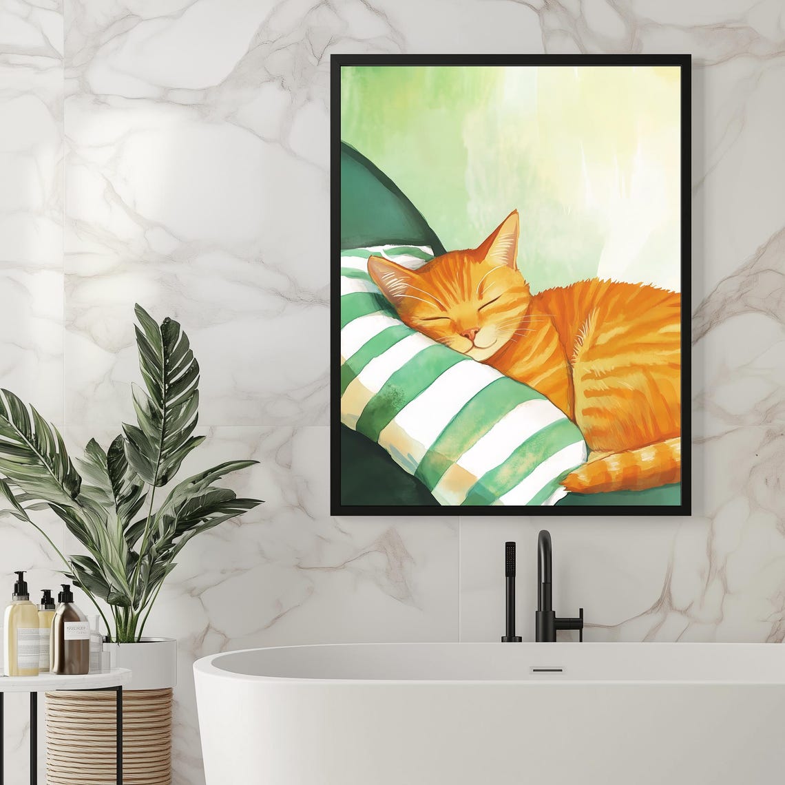 Orange Tabby Cat Sleeping On Striped Pillow Cute Pet Wall Art - Image 4