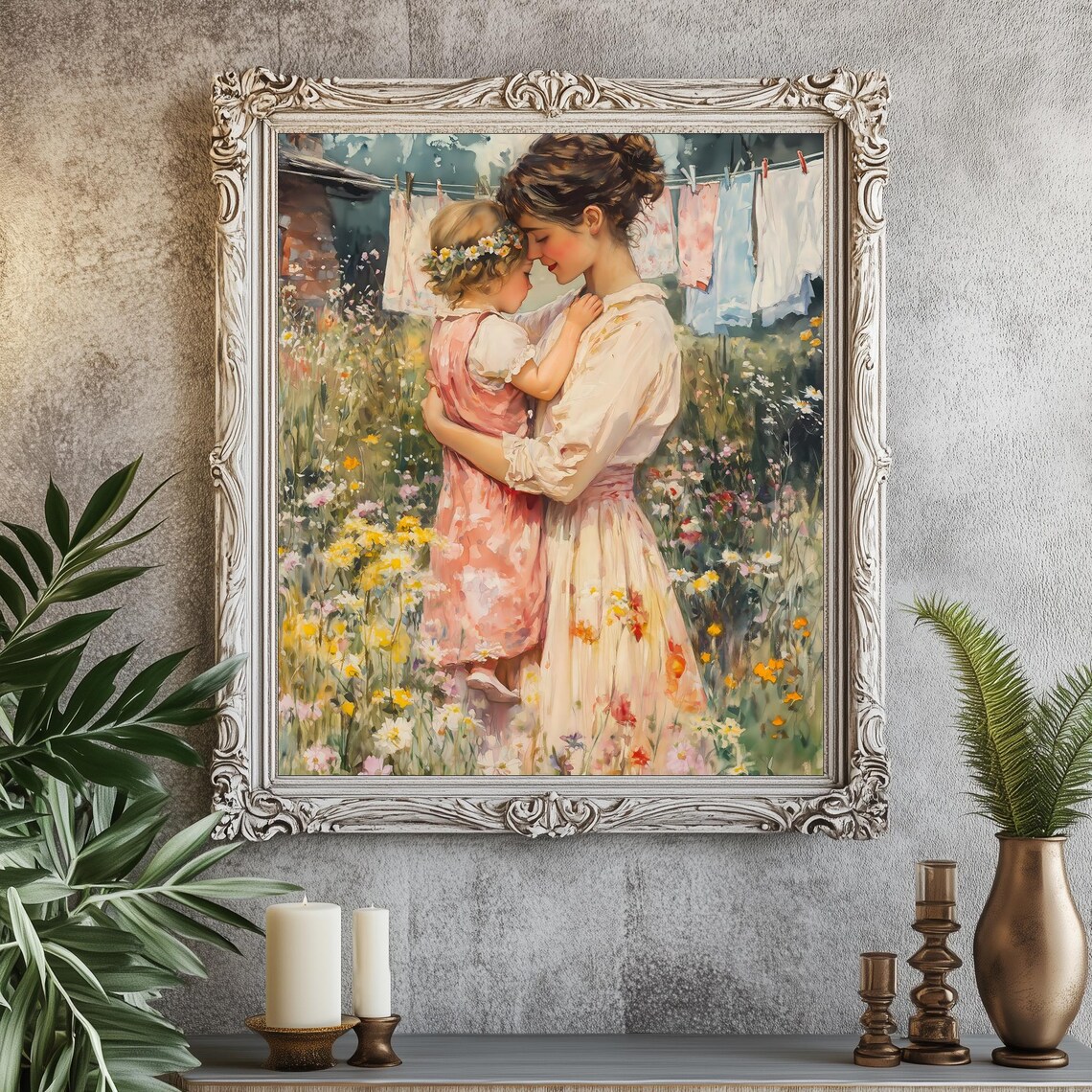 Mother And Child In Wildflower Garden Vintage Cottagecore Wall Art - Image 3