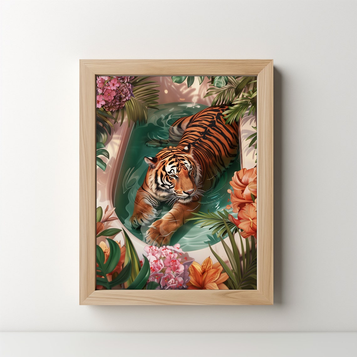 Tiger Relaxing In Bathtub Tropical Flowers Eclectic Jungle Art Poster - Image 2