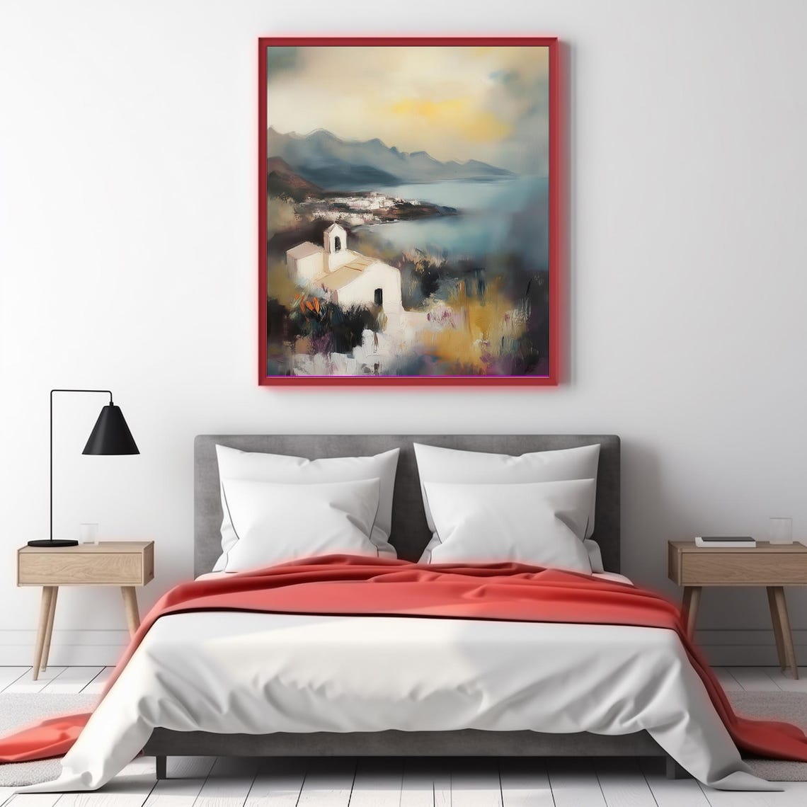 Muted Coastal Chapel Overlooking Quiet Bay Landscape Art Print - Image 3