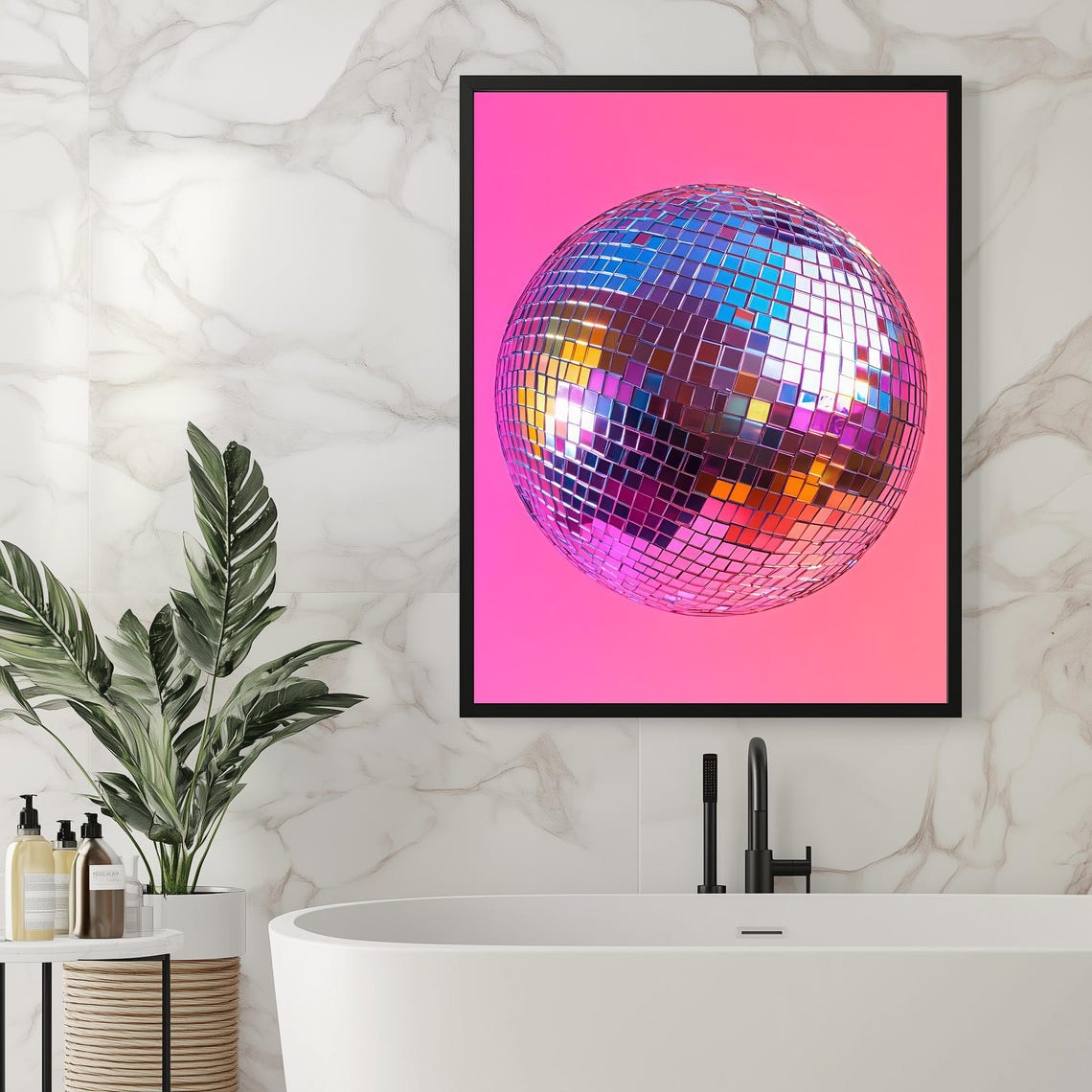 Silver Disco Ball On Bright Pink Background Trendy Party Art Poster - Image 3
