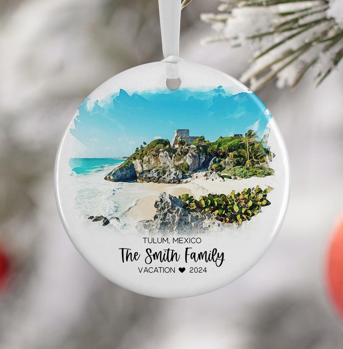 Tulum Mexico Watercolor Mayan Cliff Ruin Round Vacation Ornament Poster