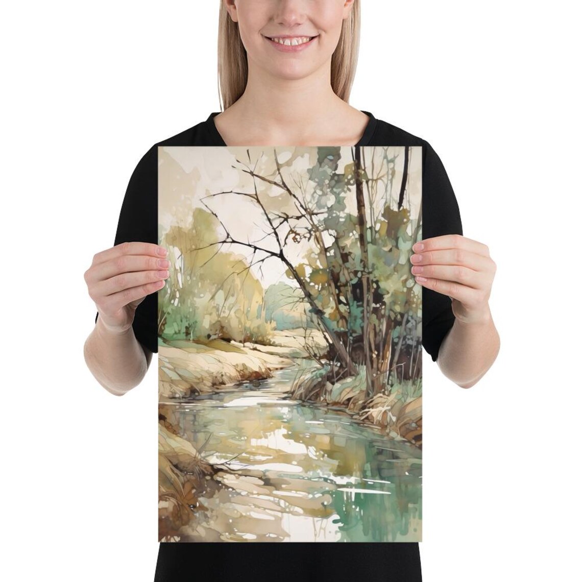 Woodland River Sandy Banks Quiet Trees Watercolor Art Poster - Image 5