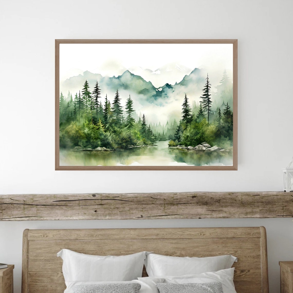 Misty Pine Lake Mountain Reflection Watercolor Art Scene Poster - Image 4