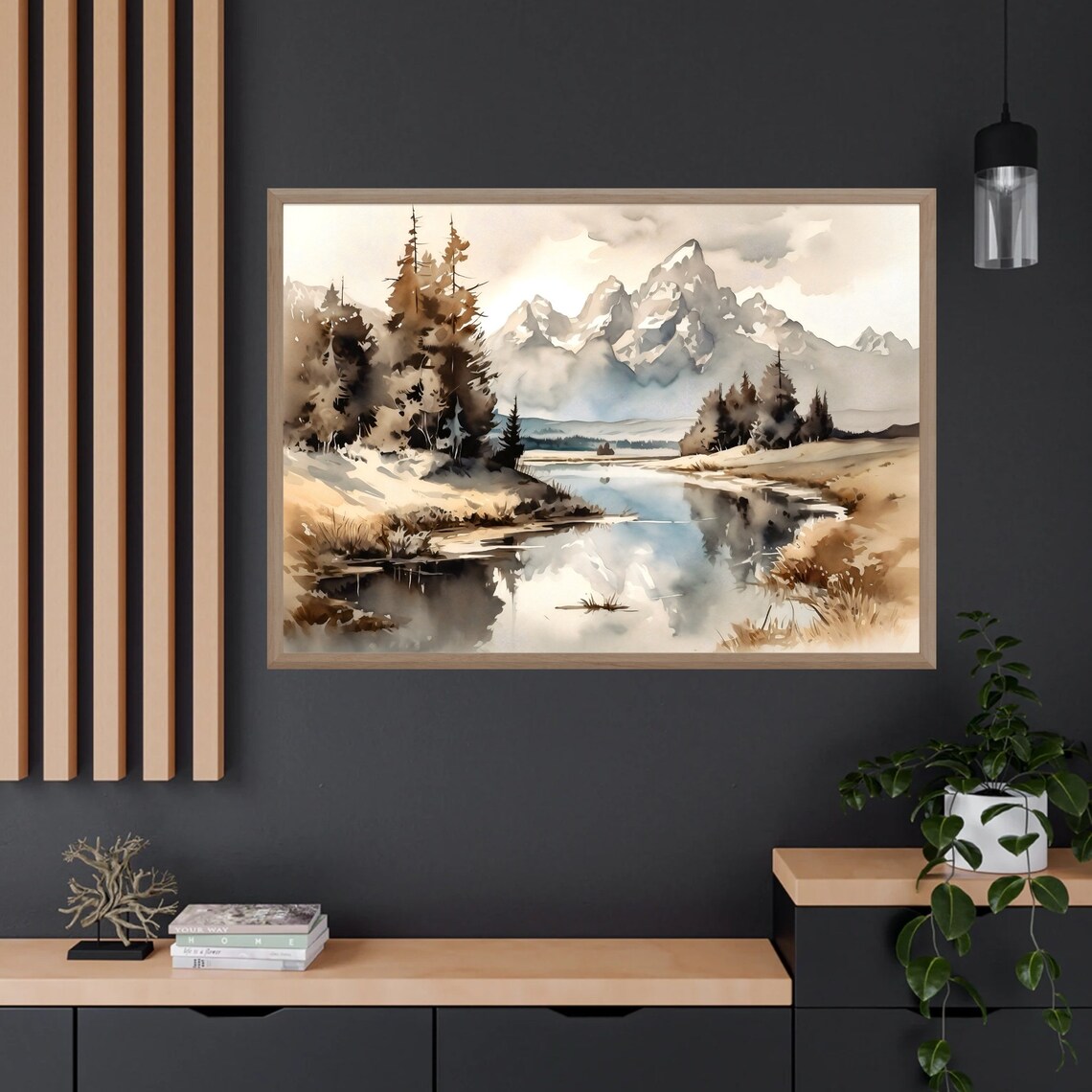 Minimalist Neutral Mountain Lake Pine Calm Watercolor Art Print - Image 4
