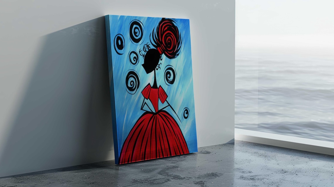 Whimsical Red Dress Girl Spiral Hair Blue Background Naive Art Print