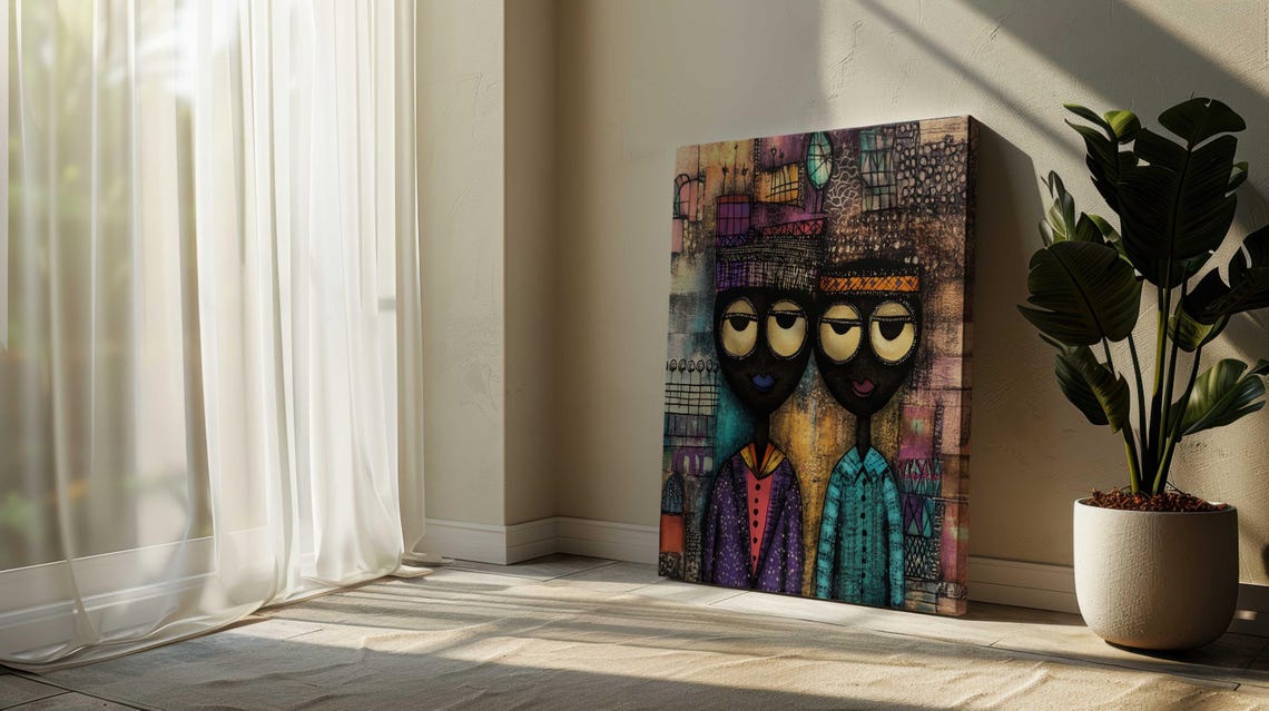 Naive Folk Art Couple Big Eyes Colorful Patterned African Art Poster