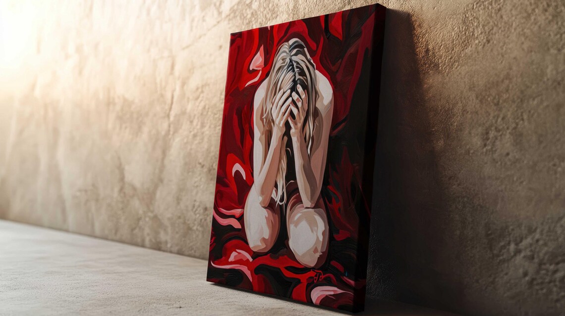 Red Background Crouching Woman Figure Emotional Abstract Art Poster - Image 4