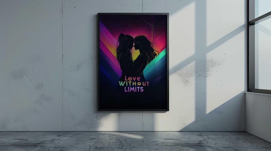 Love Without Limits Rainbow Silhouette Couple Neon Wall Poster