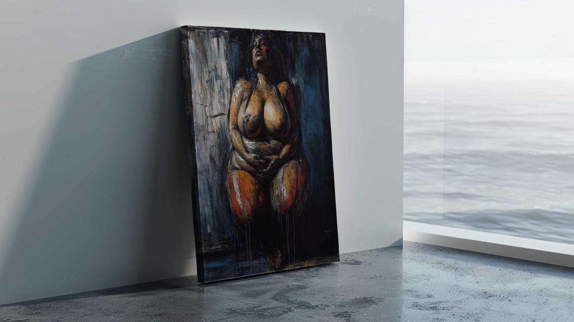 Plus Size Nude Woman Seated Dark Blue Orange Expressionist Art Poster - Image 4