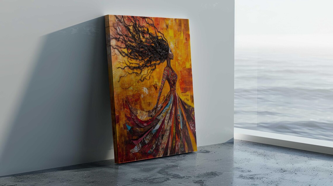 Flowing Hair Woman Profile Colorful Dress Warm Orange Art Print