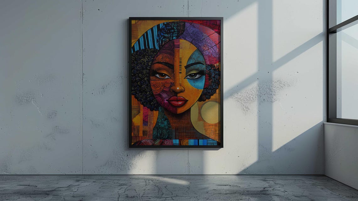 Bold Cubist African Woman Face Orange Blue Purple Patterned Wall Art - Image 4