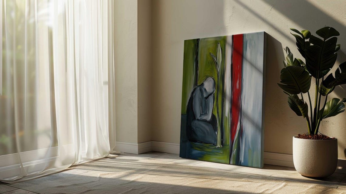 Bowed Figure Green Red Bold Stroke Abstract Emotional Art Print
