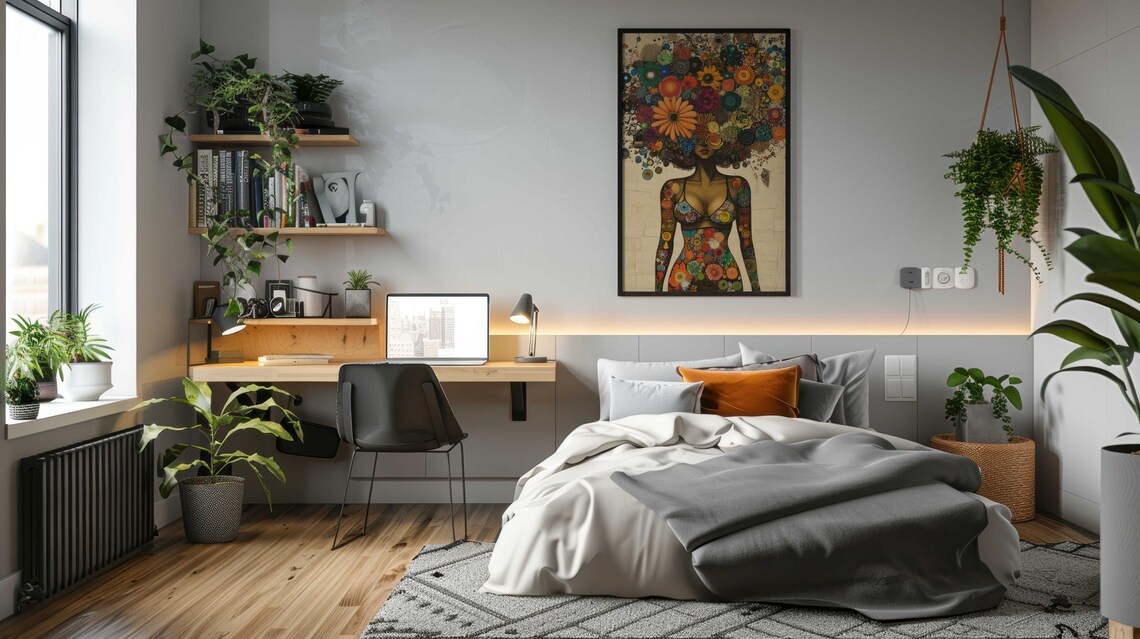 Woman Flower Afro Colorful Floral Mosaic Dress Celebration Wall Art - Image 4
