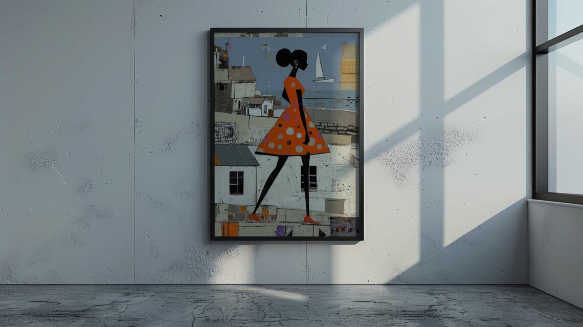 Black Woman Orange Polka Dot Dress Coastal Town Sailboat Art Print - Image 4