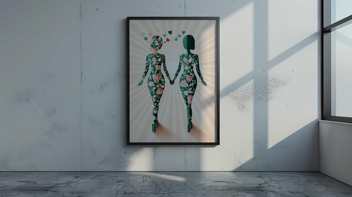 Two Women Holding Hands Hearts Above Pink Sunburst Couple Wall Art - Image 3
