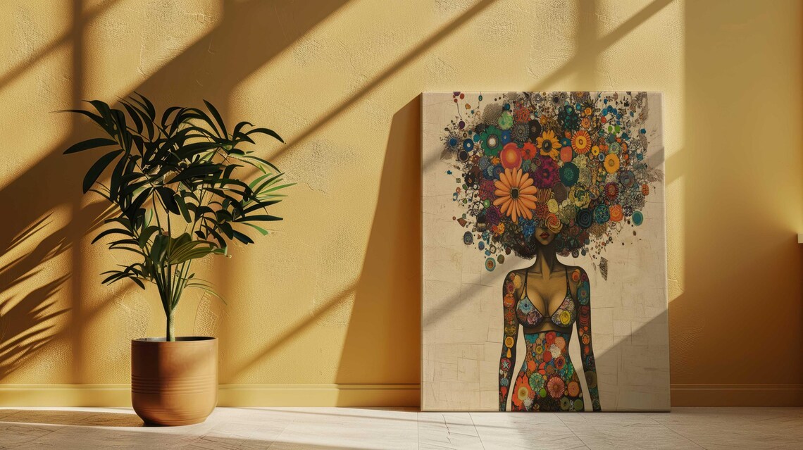 Woman Flower Afro Colorful Floral Mosaic Dress Celebration Wall Art - Image 3