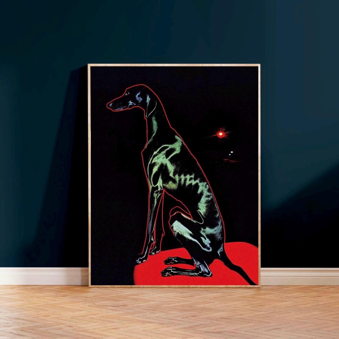 Neon Greyhound Dog Outline Art Moody Black Background Poster