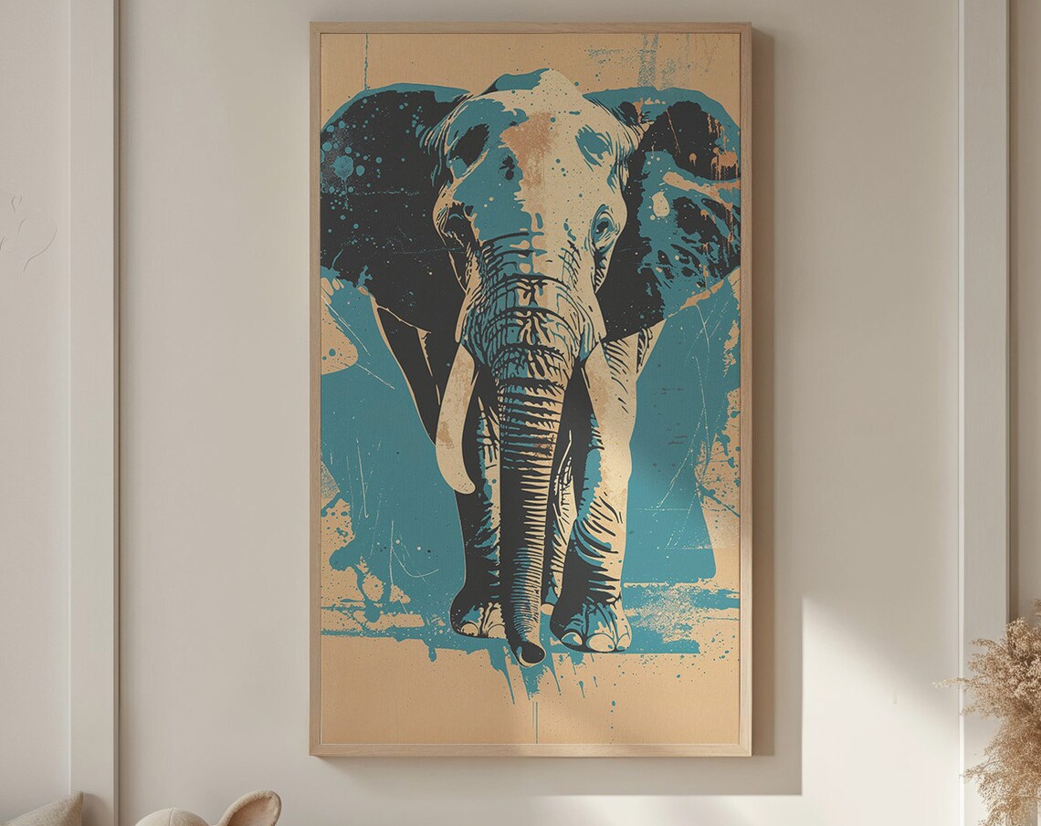 Bold Blue Elephant Pop Art Teal Splatter Vintage Wildlife Wall Art
