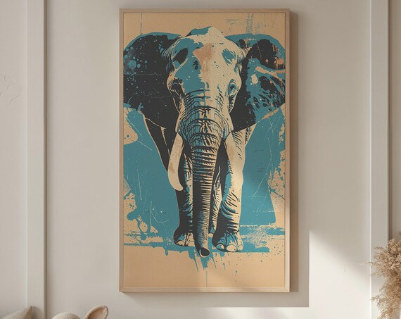 Bold Blue Elephant Pop Art Teal Splatter Vintage Wildlife Wall Art