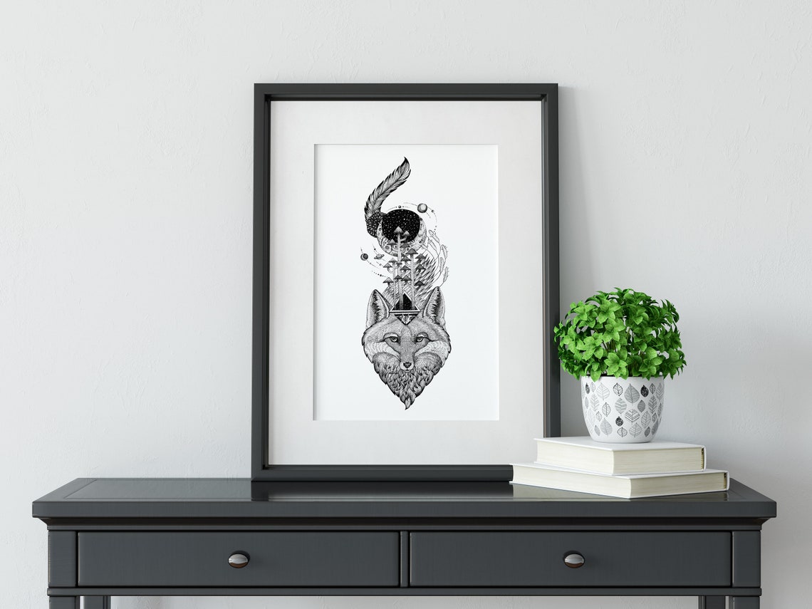 Space Fox Black And White Celestial Moon Planets Mushroom Art Poster - Image 3