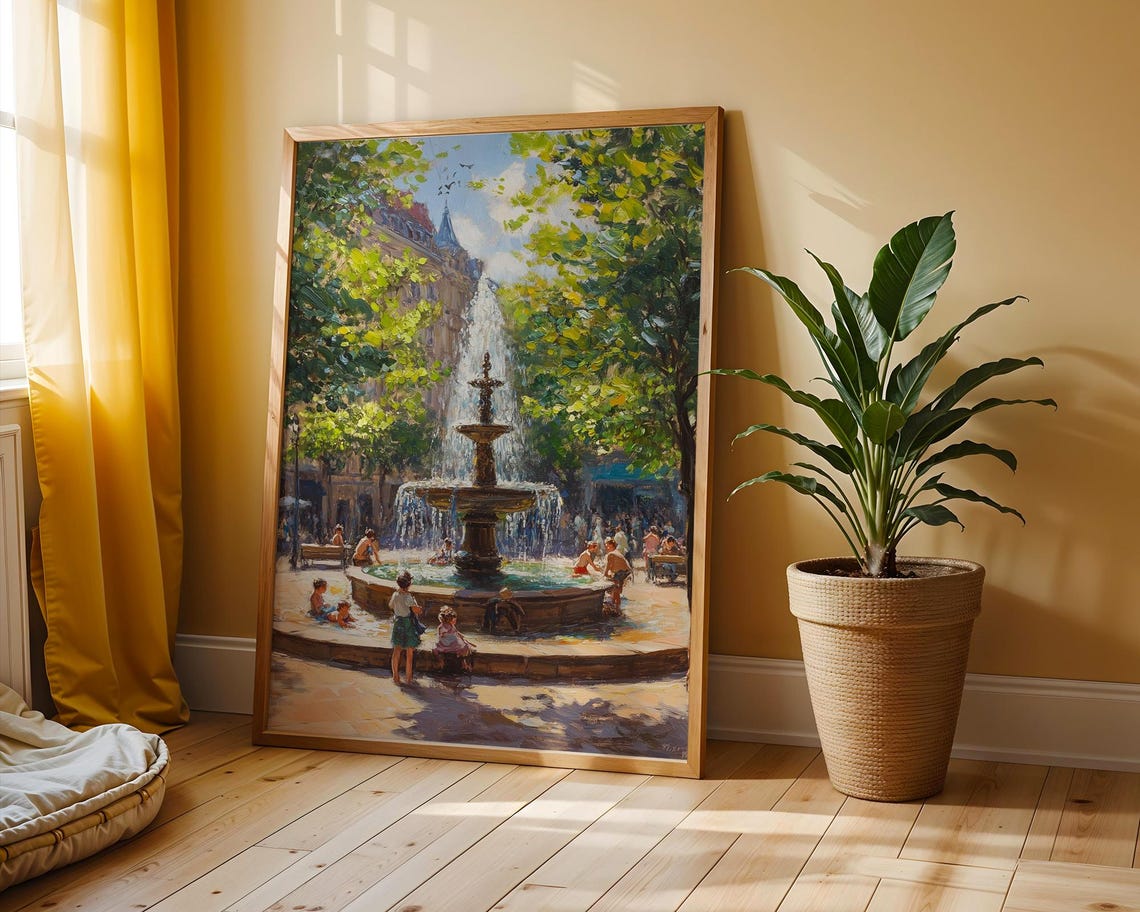 Summer Afternoon Fountain European City Park Vintage Style Poster