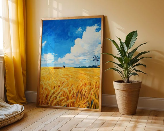 Golden Wheat Fields Under A Summer Sky Vintage Countryside Wall Art Earthy Farm Landscape Painting Warm Tones Print 86