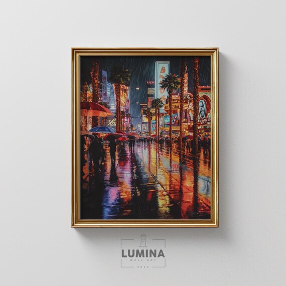 Rainy Night In Las Vegas Neon Cityscape Vibrant Street Art Urban Nightlife Painting Moody Wall Downtown Decor 426
