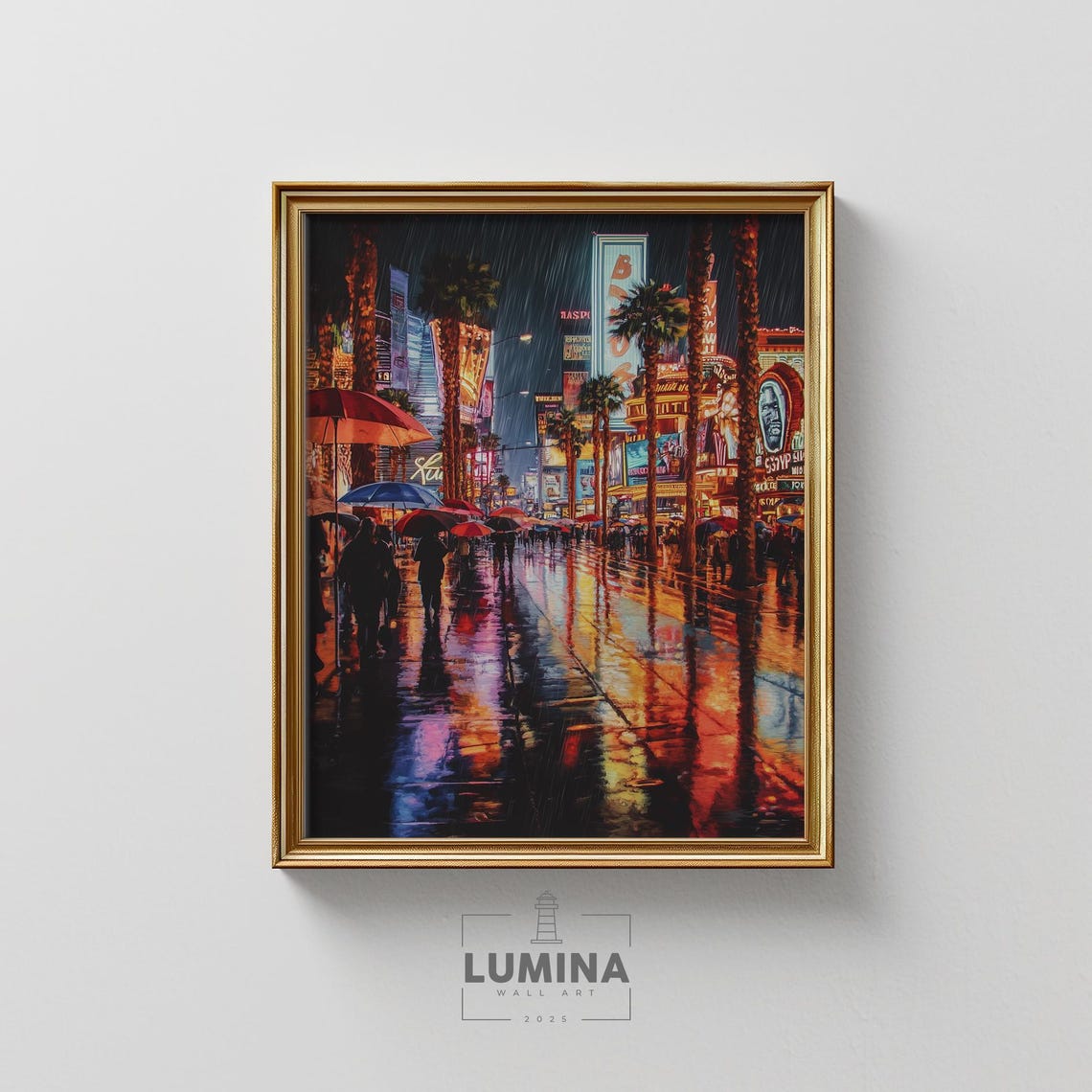 Las Vegas Strip Rainy Night Neon Reflections Umbrellas City Art Poster