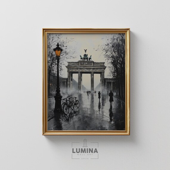 Rainy Spring Morning In Berlin Brandenburg Gate Bicycles Vintage European Cityscape Moody Painting 273