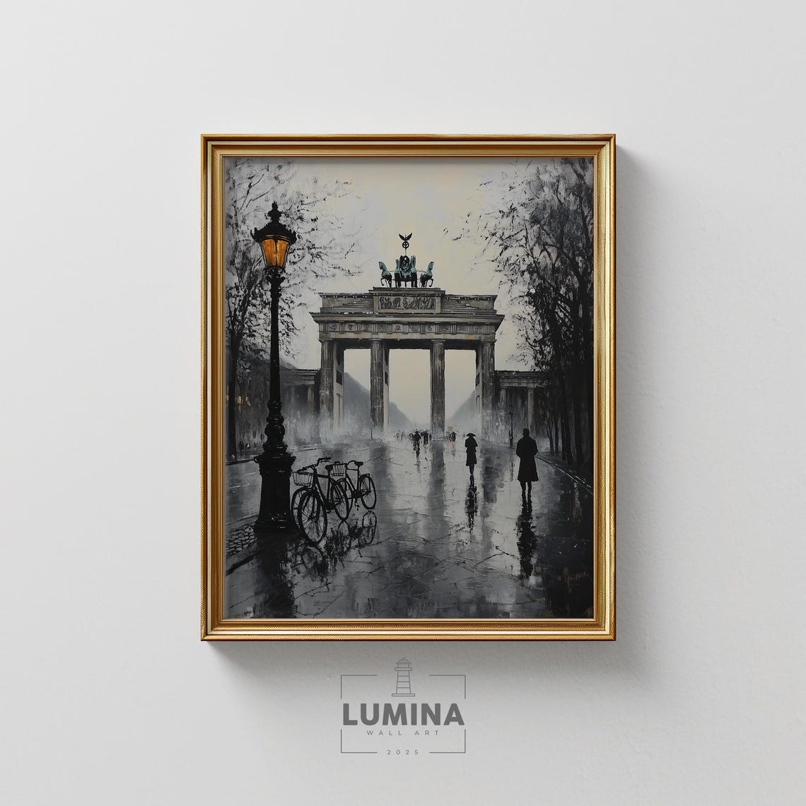 Berlin Brandenburg Gate Rainy Bicycles Moody European City Art Poster