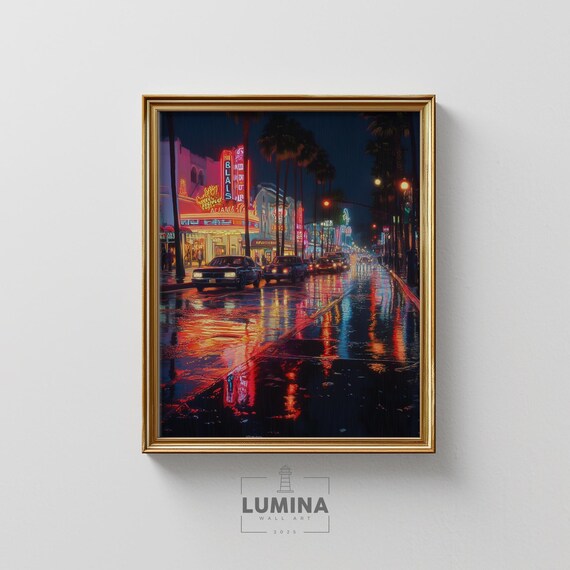 Vintage Neon City Street Rainy Night Retro Signs Wet Pavement Glow Poster
