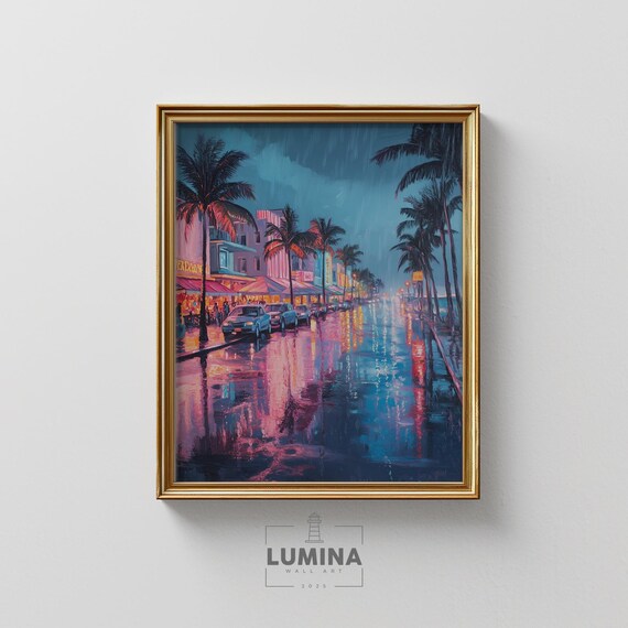 Rainy Miami Beach At Dusk Vintage Art Deco Cityscape Tropical Coastal Scene Neon Glow Moody Wall Painting 403