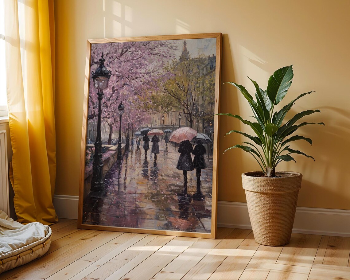 Rainy Paris Street Spring Cherry Blossom Umbrella Painting Poster