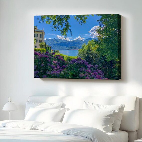 Lakeside Villa Purple Hydrangeas Mountain View Garden Scene Wall Poster