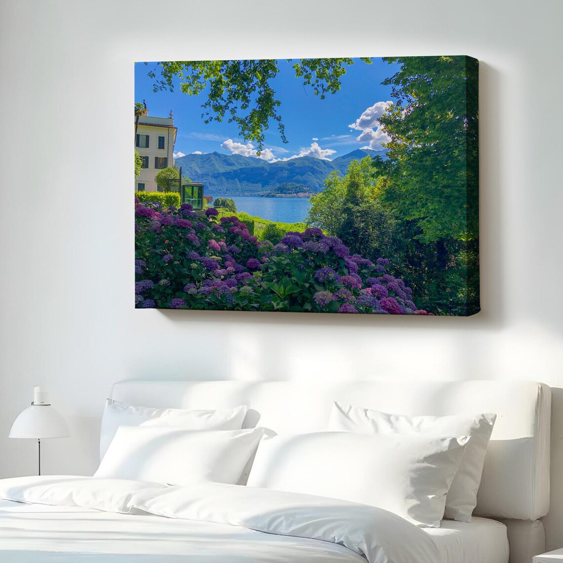 Lakeside Villa Purple Hydrangeas Mountain View Garden Scene Wall Poster