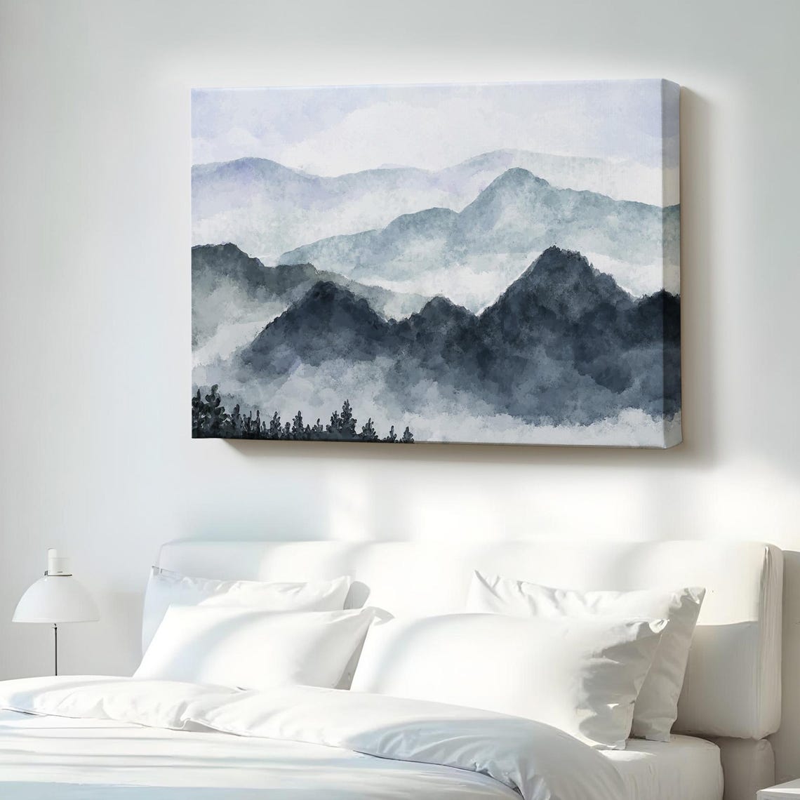Serene Misty Mountain Layers Watercolor Blue Gray Nature Poster