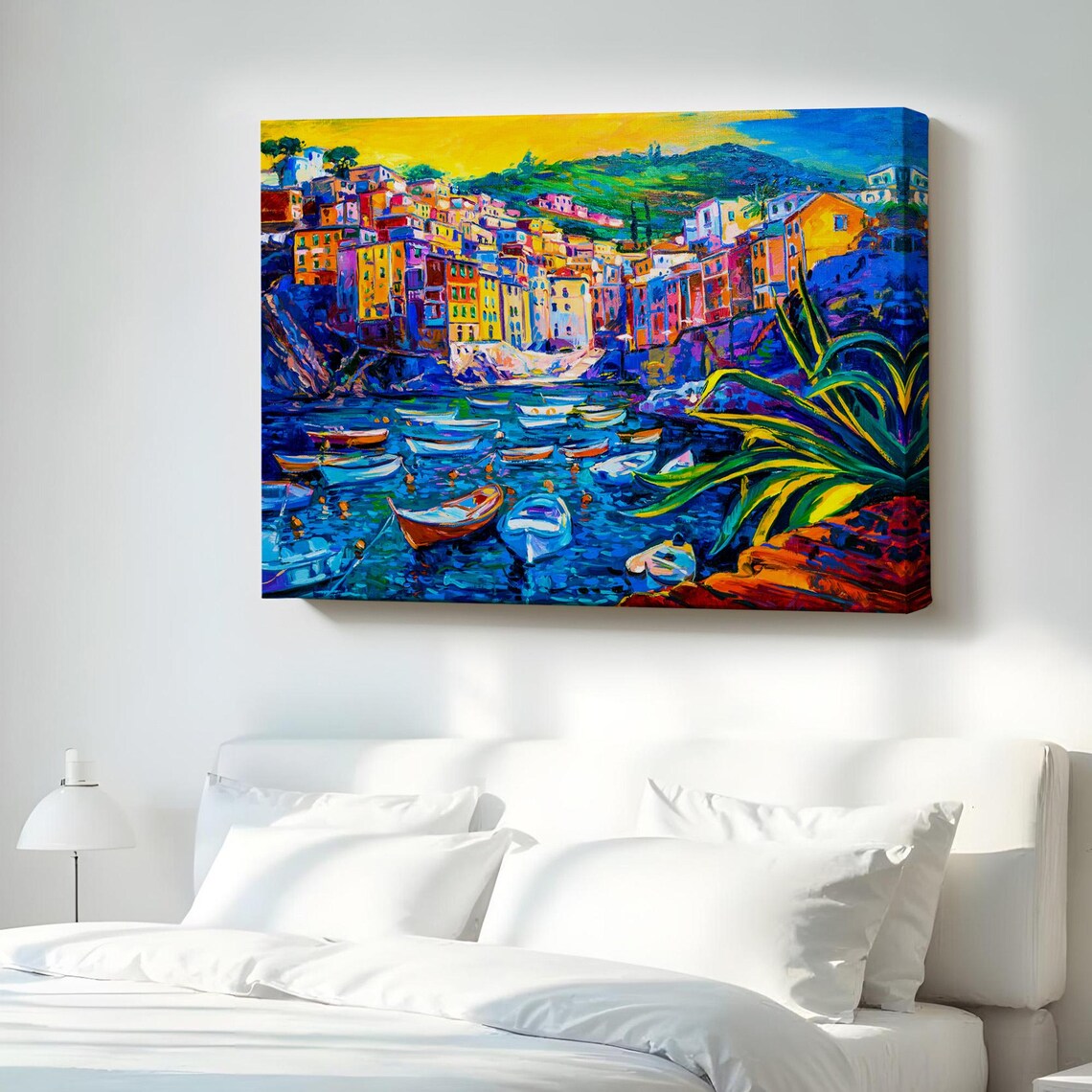 Colorful Cliffside Fishing Village With Boats Impasto Sunset Print