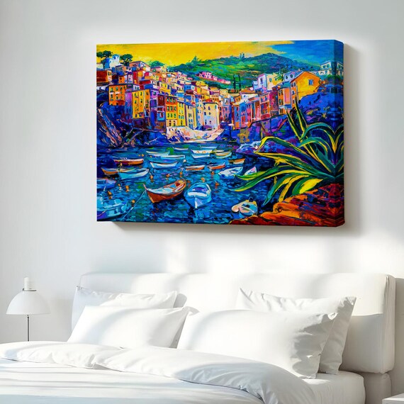 Colorful Cliffside Fishing Village With Boats Impasto Sunset Print