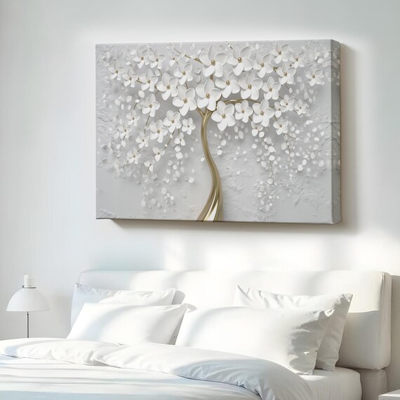 White Blossom Tree Gold Trunk 3D Effect Elegant Floral Poster