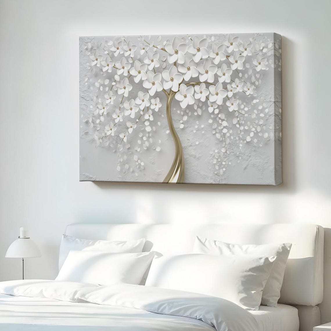 White Blossom Tree Gold Trunk 3D Effect Elegant Floral Poster