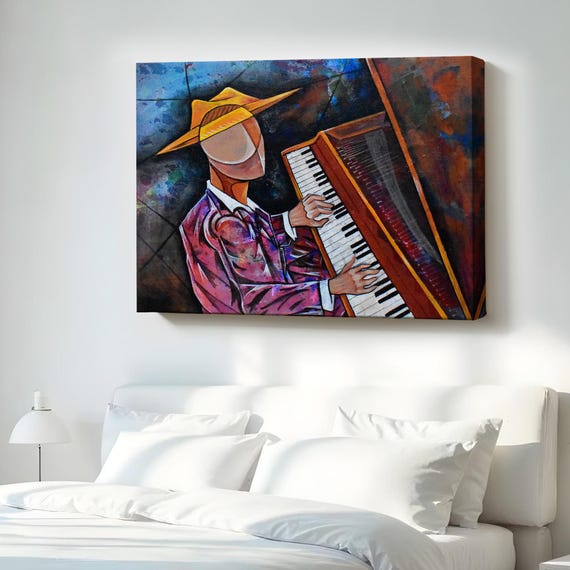 Surreal Man Playing Piano Decorative Canvas Wall Art Large Framed Print Housewarming Gift